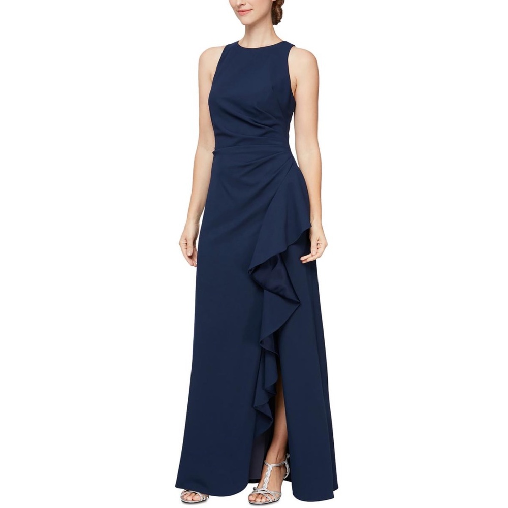 ALEX & EVE: CASCADE RUFFLE CREPE EVENING DRESS (NWT)